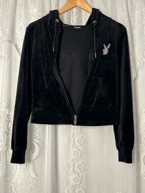 Playboy Black Velour Cropped Hoodie Rhinestone Logo Bunny Zip Y2K 2000s S/P